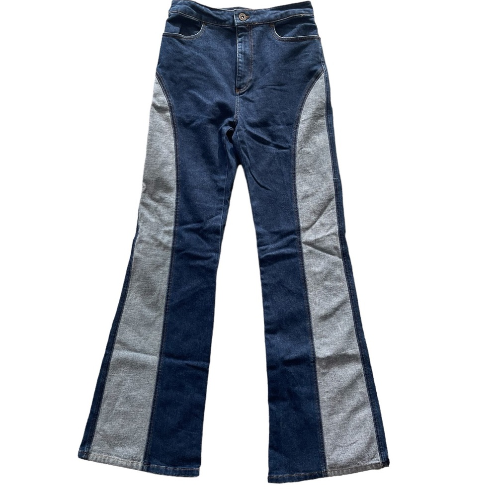 We The Free Blue patchwork Panels HI RISE Boho FLARE Stretch JEANS 28